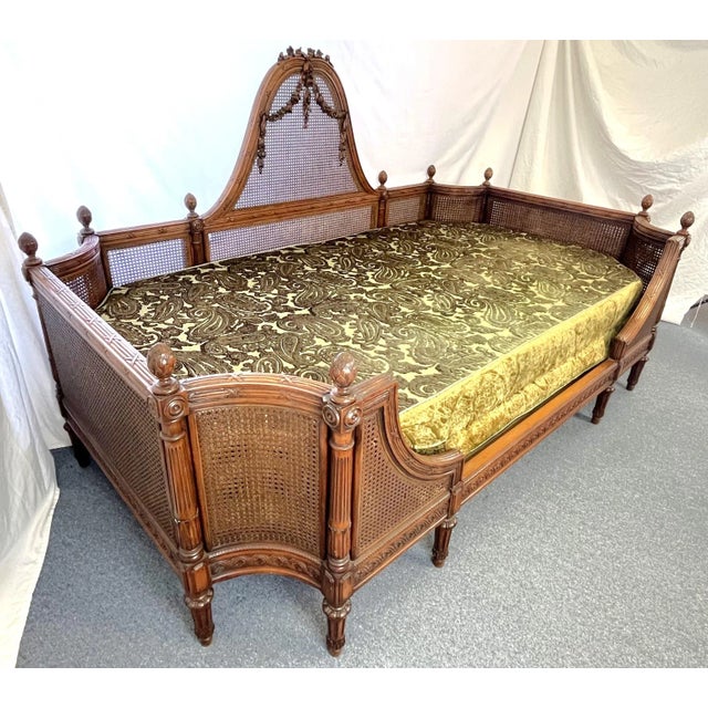 French Antique French Cane Daybed With Carved Roses and Velvet Upholstery For Sale - Image 3 of 13