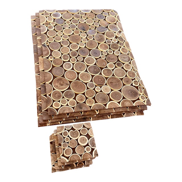1990s Wood Placemats Tree Rings on Felt Set of 4 Large Mats + 4 Coasters For Sale
