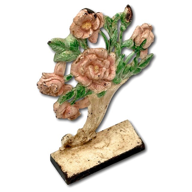 Hard 2 Find Vintage 1930s Hubley Manufacturing Co. #441 Pink Roses in Slanted Vase Cast Iron Flower Doorstop For Sale - Image 9 of 12
