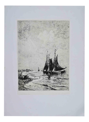 Karl Kricheldorf, Coastal Fishing Vessels at Low Tide, 20th Century, Etching