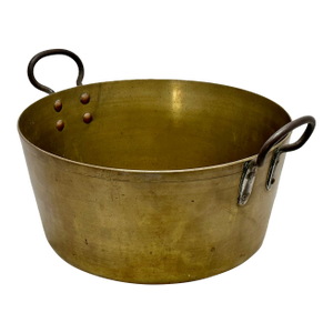 Very Large Mid 1800s Antique Heavy Brass & Hand Wrought Iron Hearth or Stove Top Cooking Pot 18 Inches Long!