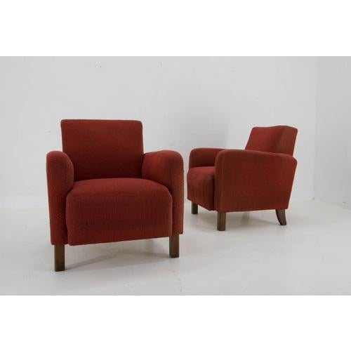 Solid armchairs by UP Zavody made in 1930s. Heavy and sturdy construction. Very well preserved fabric, only minor sun...