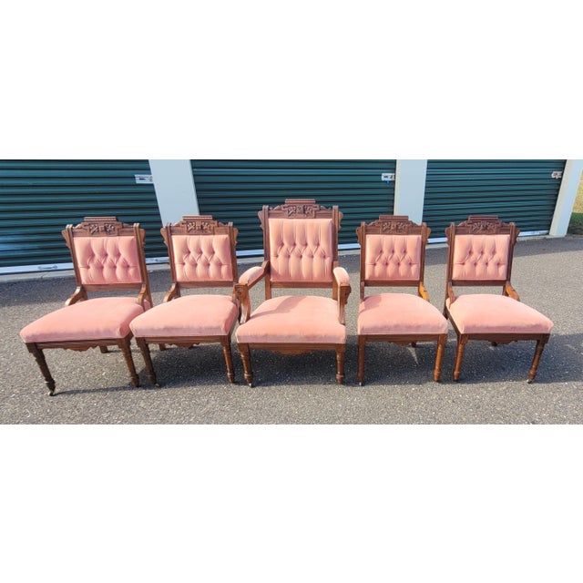 Victorian Fine Set 5 Victorian Parlor Chairs in a Blush Tone Upholstery For Sale - Image 3 of 12