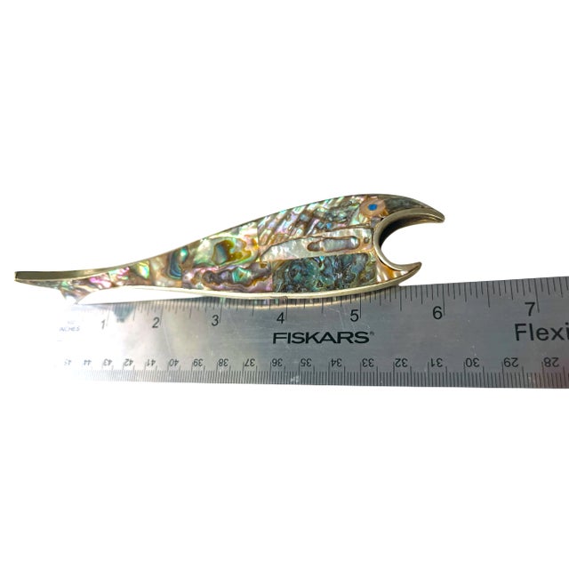 Mexican 1970s Mid Century Mexican Abalone Fish Bottle Opener – Alpaca Silver For Sale - Image 3 of 4