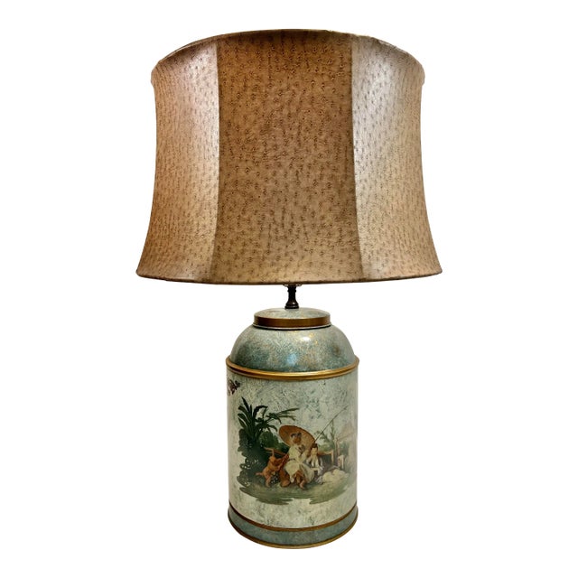 Vintage Chelsea House Chinouserie Style Ginger Jar Tea Caddy Tin Table Lamp With Shade For Sale