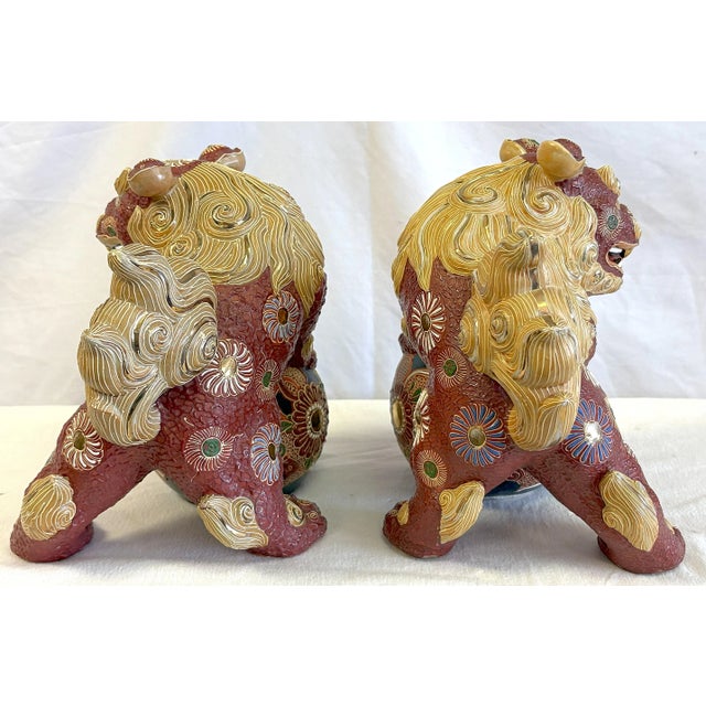 Vintage Japanese Pottery Kutani Foo Dogs in Cinnabar and Gold Colors- A Pair For Sale - Image 11 of 12