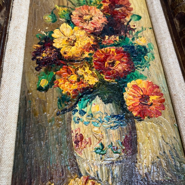 1950’s Original Impressionist Still Life Painting Signed Original Chunky Carved Wood Frame For Sale - Image 4 of 5