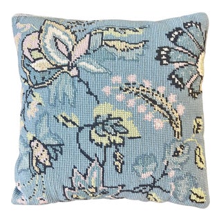 Vintage Blue Floral Chintz Needlepoint Pillow For Sale