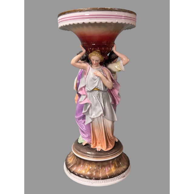 Ceramic Antique Victorian 11.5" 3 Graces Figural Porcelain Compote Candlestick Vase With Glossy Finish For Sale - Image 7 of 8