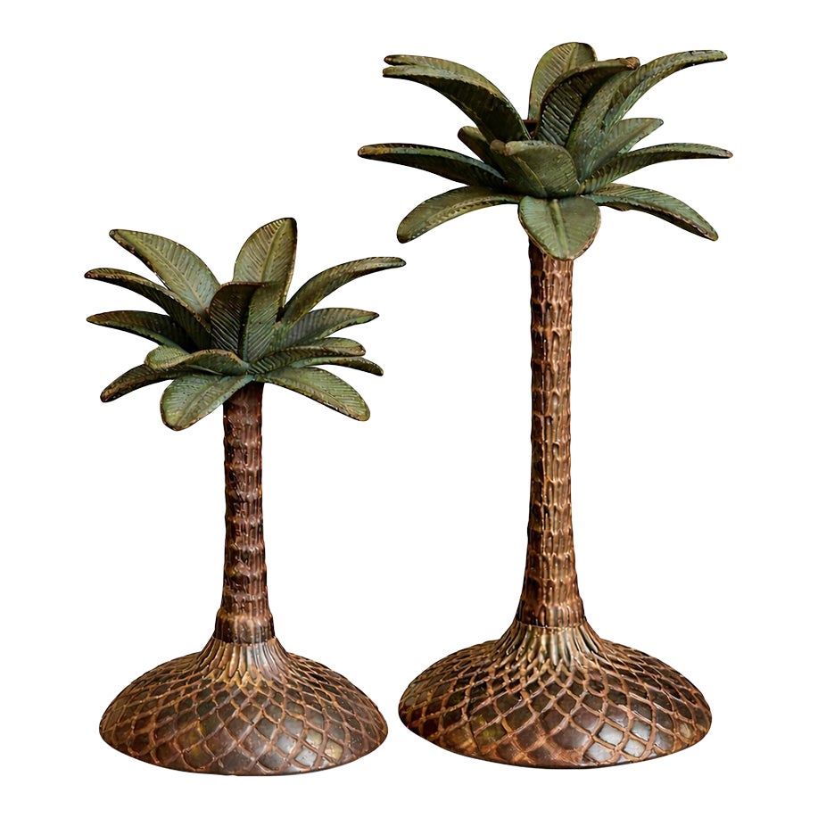 Vintage Hollywood Regency Palm Tree Candlesticks With Verdigris