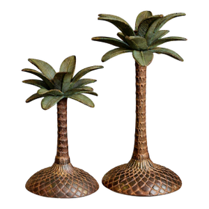 Vintage Hollywood Regency Palm Tree Candlesticks With Verdigris Patina, a Pair