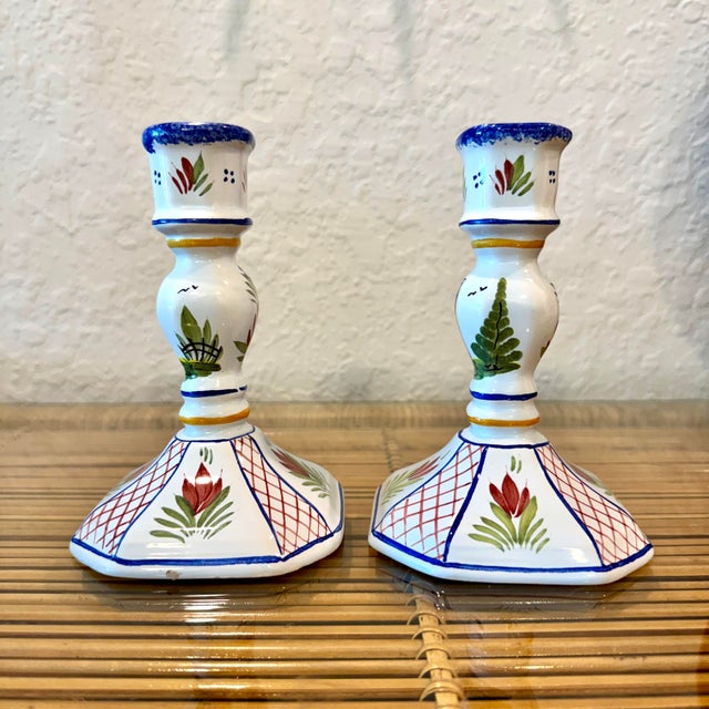 Art Deco Pair of Vintage Henriot Quimper French Faience Candlestick Holders For Sale - Image 3 of 10