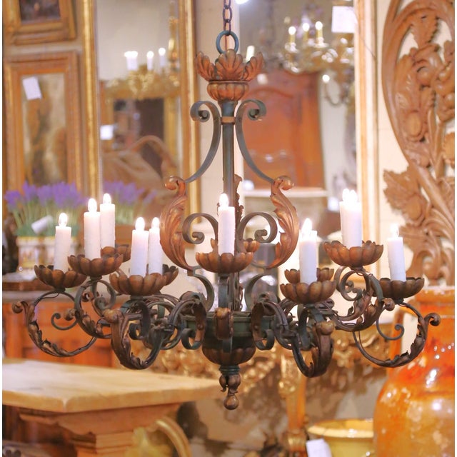 Early 20th Century French Louis XV Verdigris and Gilt 12-Light Iron Chandelier For Sale - Image 9 of 11