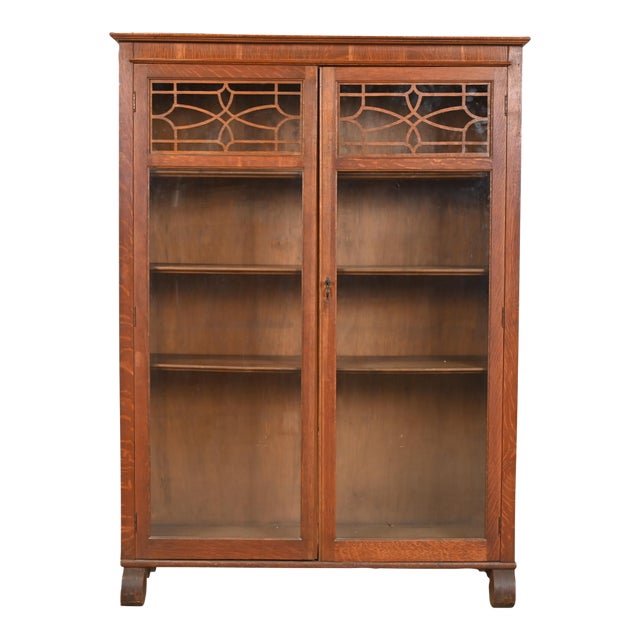 Antique American Empire Carved Oak Glass Front Bookcase, Circa 1890 For Sale