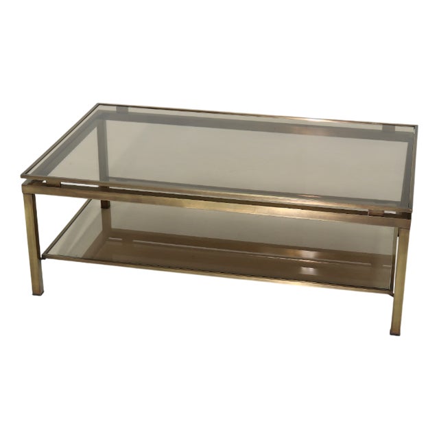 Brass and Smoked Glass 2-Tier Coffee Table, 1970s For Sale