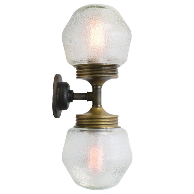 Metal Vintage Cast Iron Double Sconce Wall Lamp in Frosted Glass and Brass For Sale - Image 7 of 11