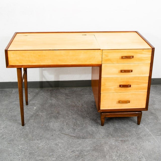 Mid Century Modern Vanity Desk Birch Walnut Drawers Mirror Italian Blonde Wood For Sale - Image 10 of 10