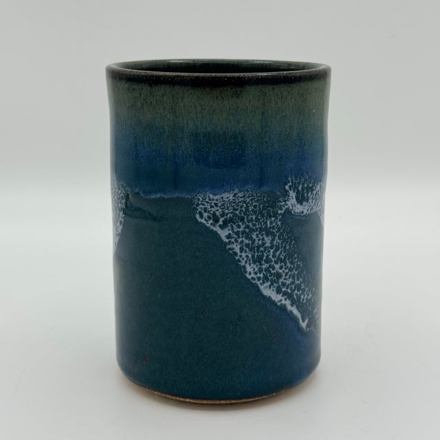 Blue Vintage Signed Studio Pottery Ocean Wave Vase / Utensil Cup – Blue Gray Glaze, 5” For Sale - Image 8 of 8