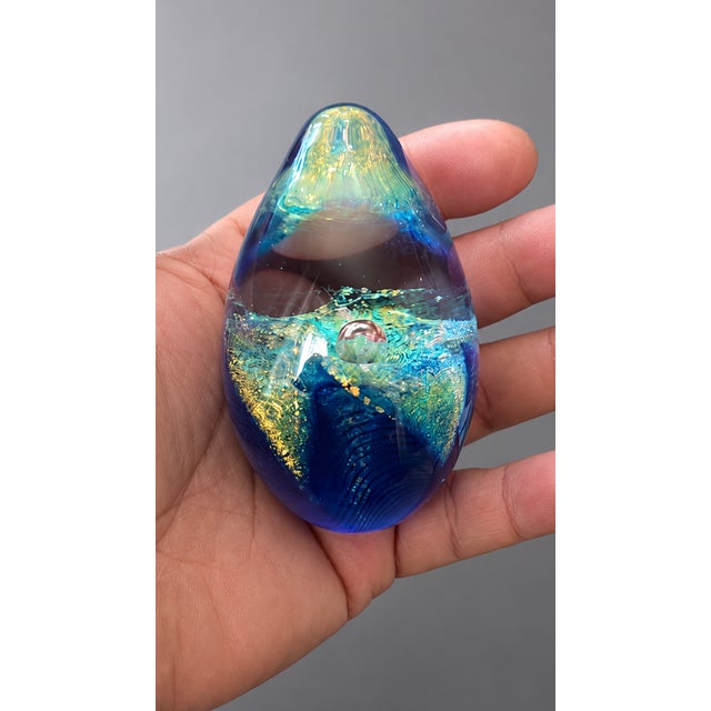 Contemporary Dichroic Glass Eye Studio Paperweight – Blue Aqua Gold Sculpture Signed 1999 For Sale - Image 3 of 8