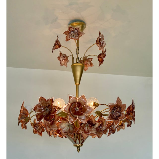 Large Murano Style Brown Flower Bouquet Chandelier With 4 E27 Bulbs. Hand-Blown Glass Flowers, Restored , Rare Italian Vintage For Sale - Image 17 of 17