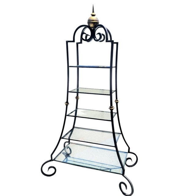 Vintage French Iron Pagoda Glass Shelf Graduated Étagère - Maison Jansen Style For Sale - Image 10 of 11