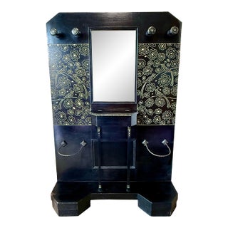 French Hand Carved Black Lacquered Mirrored Hall Tree Coat Hat Rack For Sale