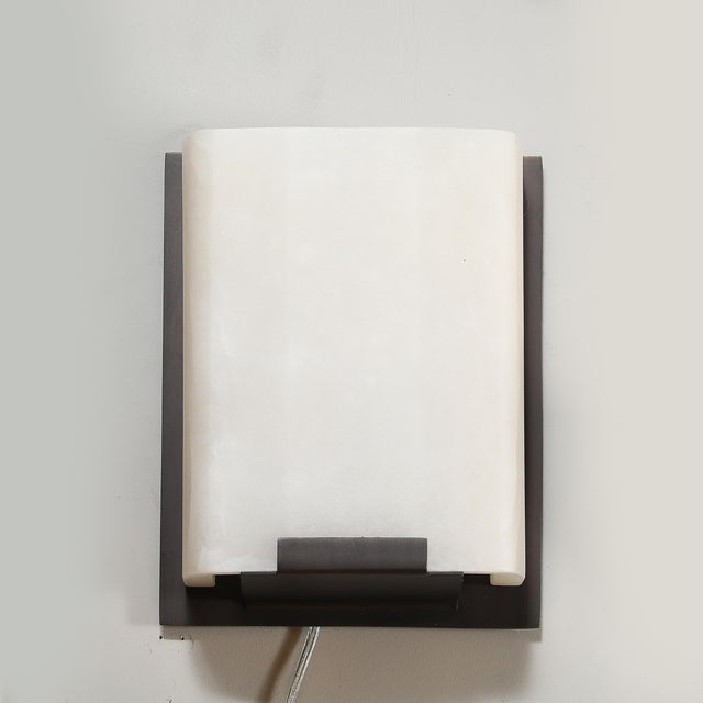 Modern Pair of Modernist Alabaster & Oil-Rubbed Bronze Wall Sconces For Sale - Image 3 of 18