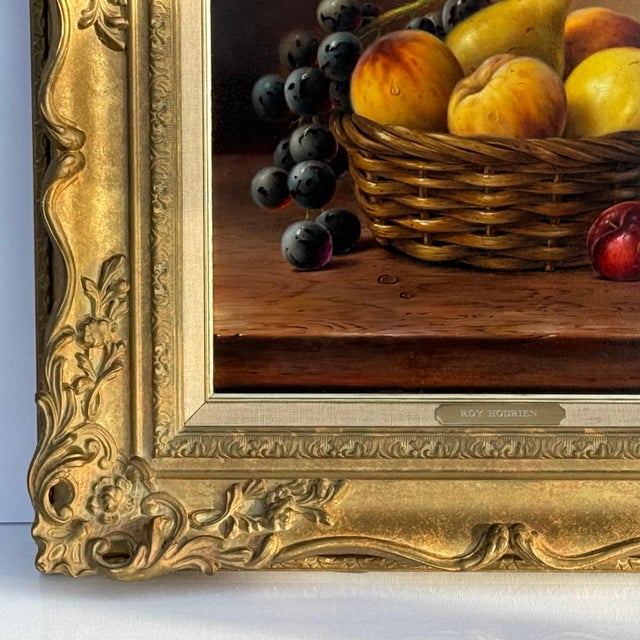 Still Life with Fruit in Basket - Vintage Oil in Ornate Frame by British Artist 1987 For Sale - Image 10 of 12