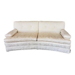 Curved Mid Century Hollywood Regency White Damask Sofa Couch For Sale