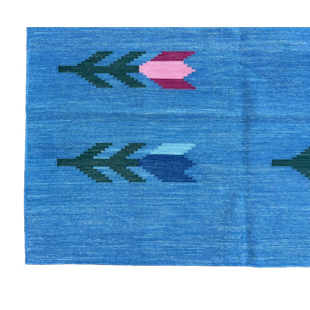 Handmade Cotton Rug, Natural Vegetable Dyed Sky Blue Leaf Pattern Rug Dhurrie - 8'x8' For Sale - Image 10 of 11