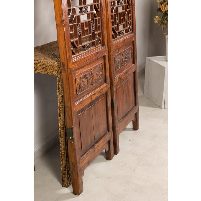 Early 20th Century Pair of Antique Chinese Carved Elm Lattice Screens with Figural Motifs For Sale - Image 5 of 18