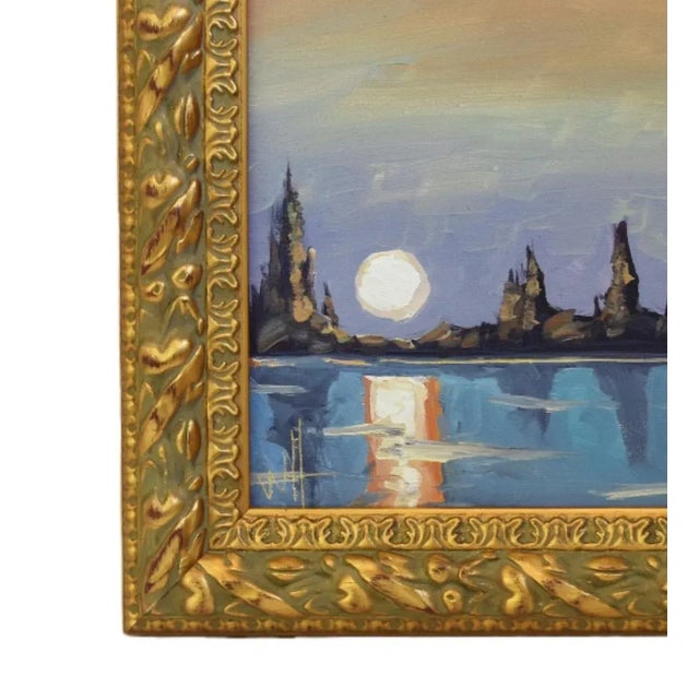 Original reflective full moon landscape impressionist oil painting on stretched artist canvas by the talented listed...