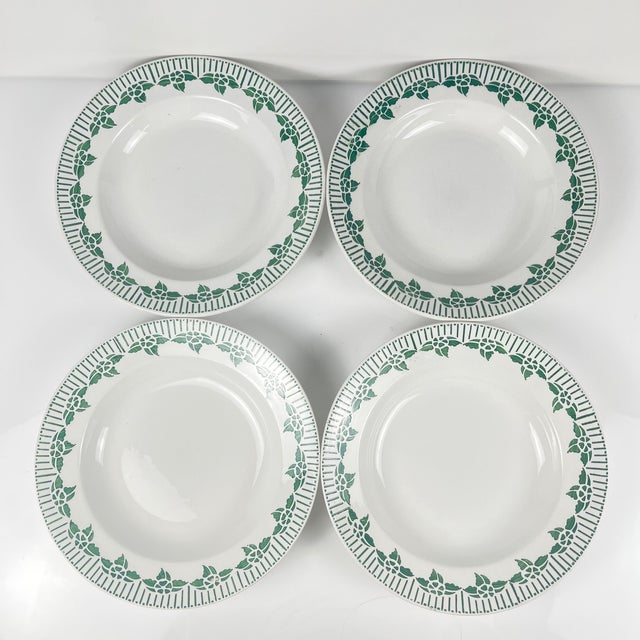 Set of 4 "Pedro" soup plates, Sarreguemines, first half of the 20th century. Green geometric pattern Dimensions: Diameter:...