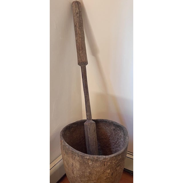 African Large Antique Hand-Carved Wooden Mortar and Pestle For Sale - Image 3 of 9