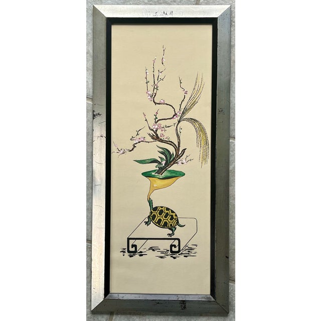 Mid-Century Modern Mid-Century Surrealist Flowers and Turtles Original Watercolor Gouache Framed Paintings Tall 29"h - For Sale - Image 3 of 12