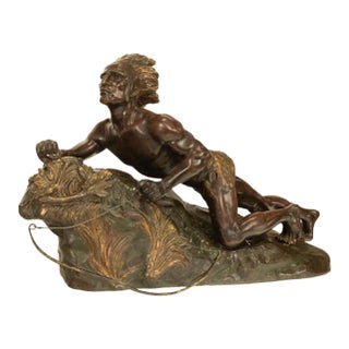Antique French Art Deco Bronze Sculpture Native American Indian Hunter Scout by René-André Varnier, Circa 1920 For Sale