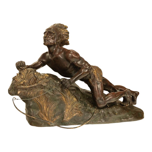 Antique French Art Deco Bronze Sculpture Native American Indian Hunter Scout by René-André Varnier, Circa 1920 For Sale