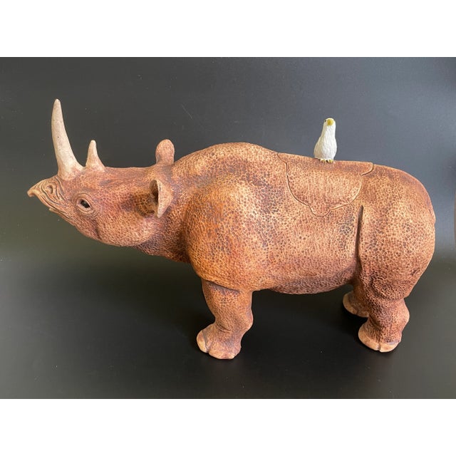 Studio Art Pottery Rhino w/ Egret on Back Lidded Pot. Fine realistic details. Matte raw finish, glazed eyes. Unidentified...