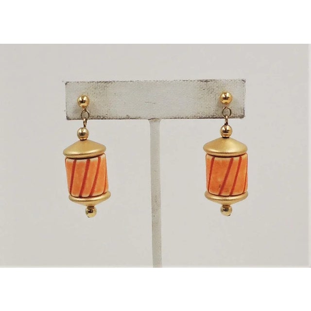 1985 Vintage Napier Hand Carved Orange Bead Pierced Earrings - 2 Pieces For Sale - Image 9 of 9