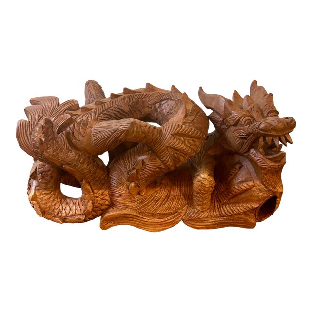 Vintage Chinese Hand-Carved Wooden Dragon Sculpture For Sale