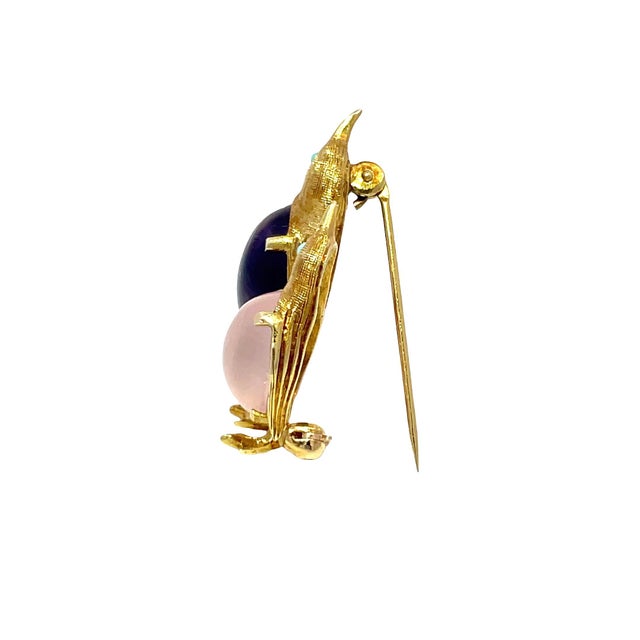 Modern 14k Yellow Gold Amethyst, Turquoise & Rose Quartz Studded Penguins Pin For Sale - Image 3 of 8