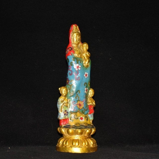 Traditional Late 20th Century Cloisonne Gilt Guanyin Sculpture With Children on Lotus Base For Sale - Image 3 of 9