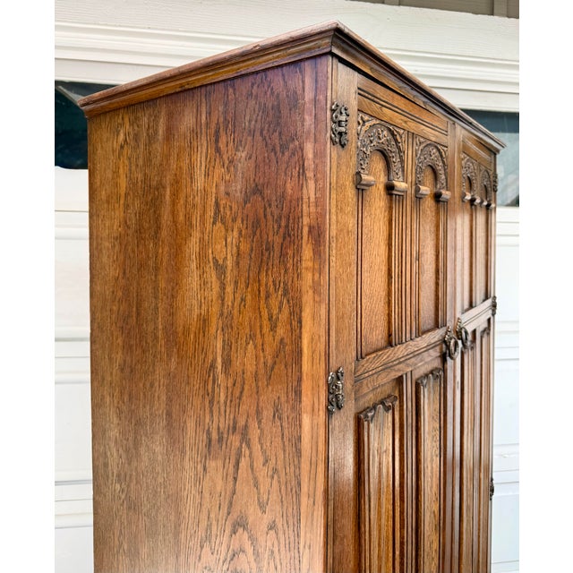 Wood Vintage English Tudor Revival Oak Wardrobe Armoire by Crown Ay Furniture For Sale - Image 7 of 16