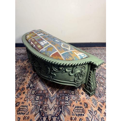 Beautiful painted French oversized footstool or bed-end bench, recently reupholstered and tastefully distressed to enhance...
