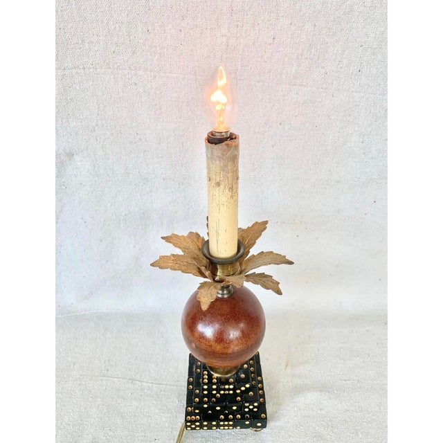 Vintage Hollywood Regency Dice and Gilt Metal Palm Tree Candlestick Table Lamp For Sale - Image 4 of 9