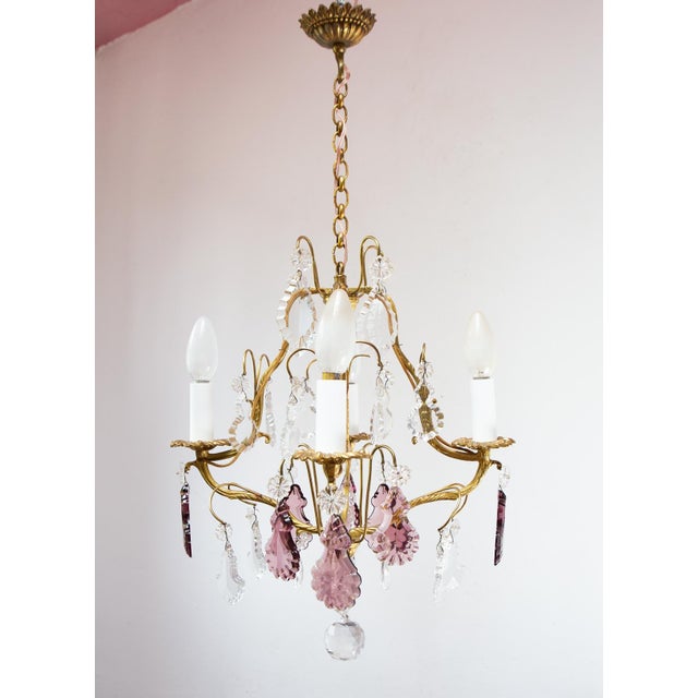 French Bronze Chandelier with Violet Crystals, 1970s For Sale - Image 4 of 11