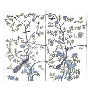 Gold Leaf Chinoiserie Hand-Painted Lavender Peony & Peacock Wall Panels (Set of 2) For Sale