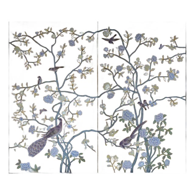 Gold Leaf Chinoiserie Hand-Painted Lavender Peony & Peacock Wall Panels (Set of 2) For Sale