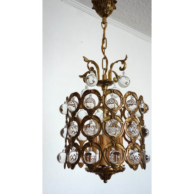Metal Antique French Brass and Crystal Ball 4-Light Chandelier, 1930s For Sale - Image 7 of 18