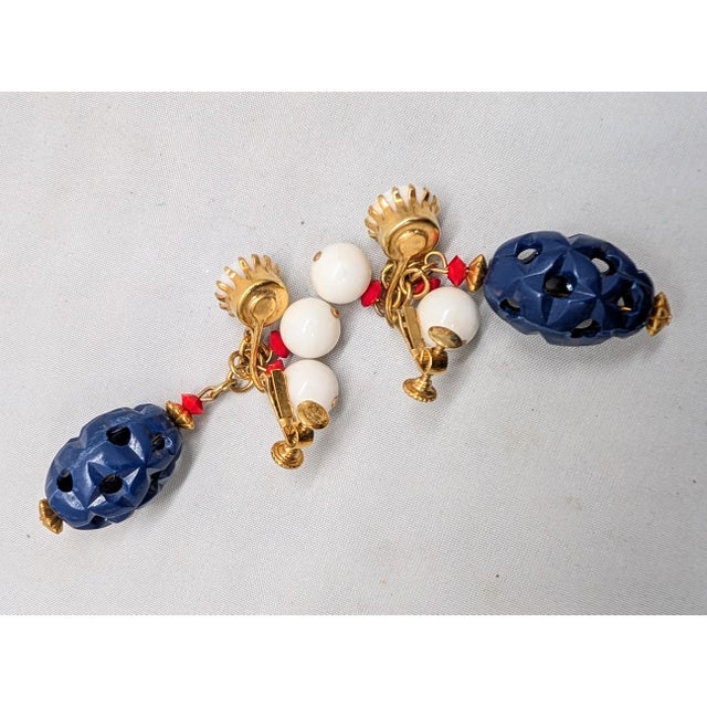 Blue Vintage 1960s Signed Hobé Blue, White & Red Beaded Drop Clip Earrings- 2 Pieces For Sale - Image 8 of 8